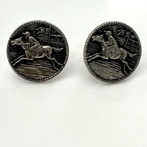 Equestrian Jockey Jump-Horse Round Silver Cuff Links.